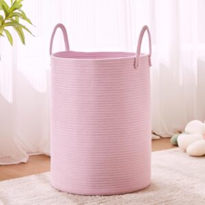 mojoscend pink laundry basket hamper for girls kids baby, 15dx20h inches large nursery hamper bin, woven storage basket for living room girls room, boho tall rope baskets for blanket toys-large