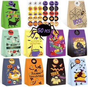 woonoo 50pcs halloween treat bags candy bags for halloween party, 10 styles paper halloween goodie bags for party favors with 50pcs stickers, halloween kids trick or treat gift bags party supplies