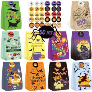 WOONOO 50PCS Halloween Treat Bags Candy Bags for Halloween Party, 10 Styles Paper Halloween Goodie Bags for Party Favors with 50PCS Stickers, Halloween Kids Trick or Treat Gift Bags Party Supplies