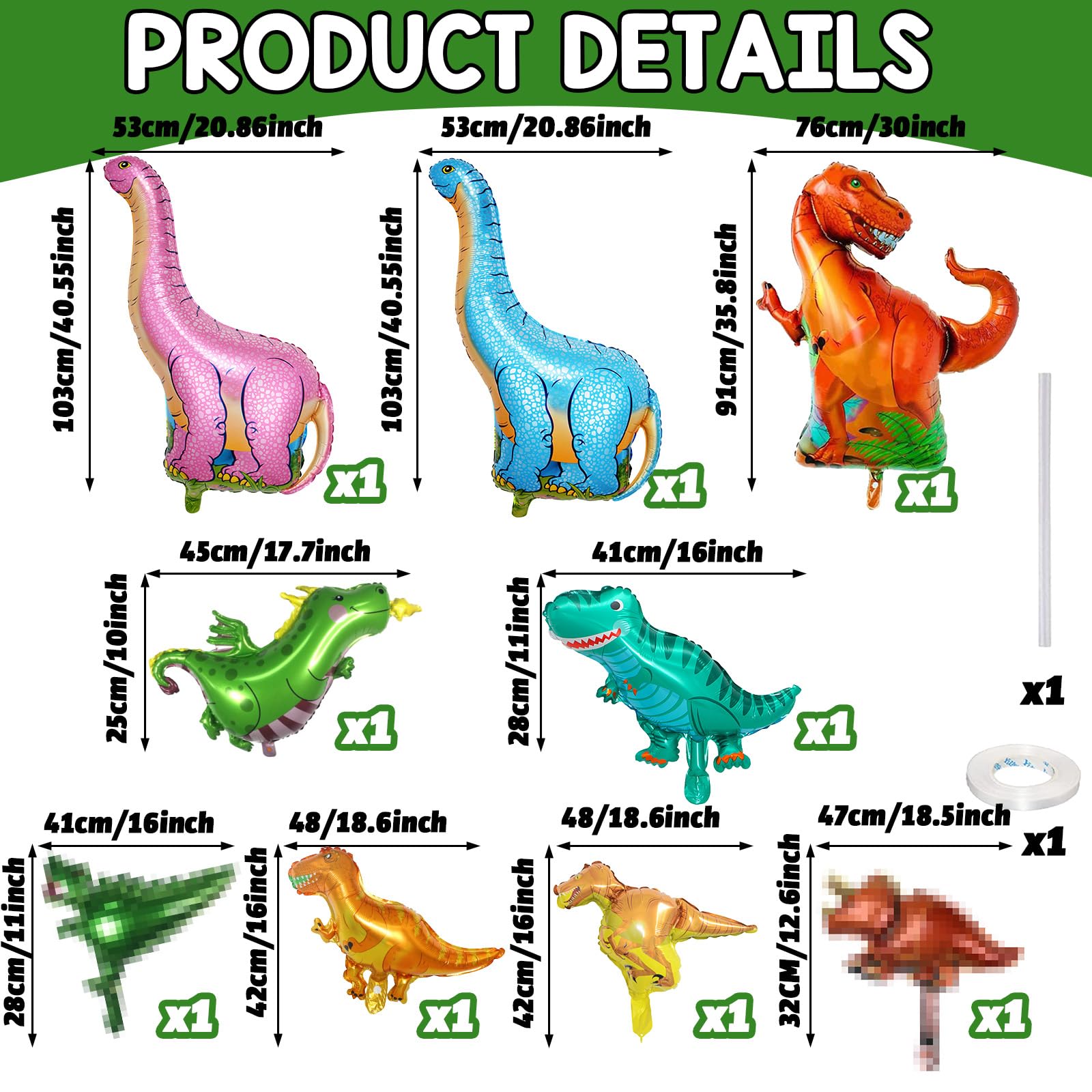 Dinosaur Foil Balloons Set (12-50 in), 9 Pieces Large Dinosaur Aluminum Mylar Balloons for Kids, Giant Cute Dinosaur Birthday Party Decorations for Boys Jungle Dino Theme Baby Shower Decor Supplies