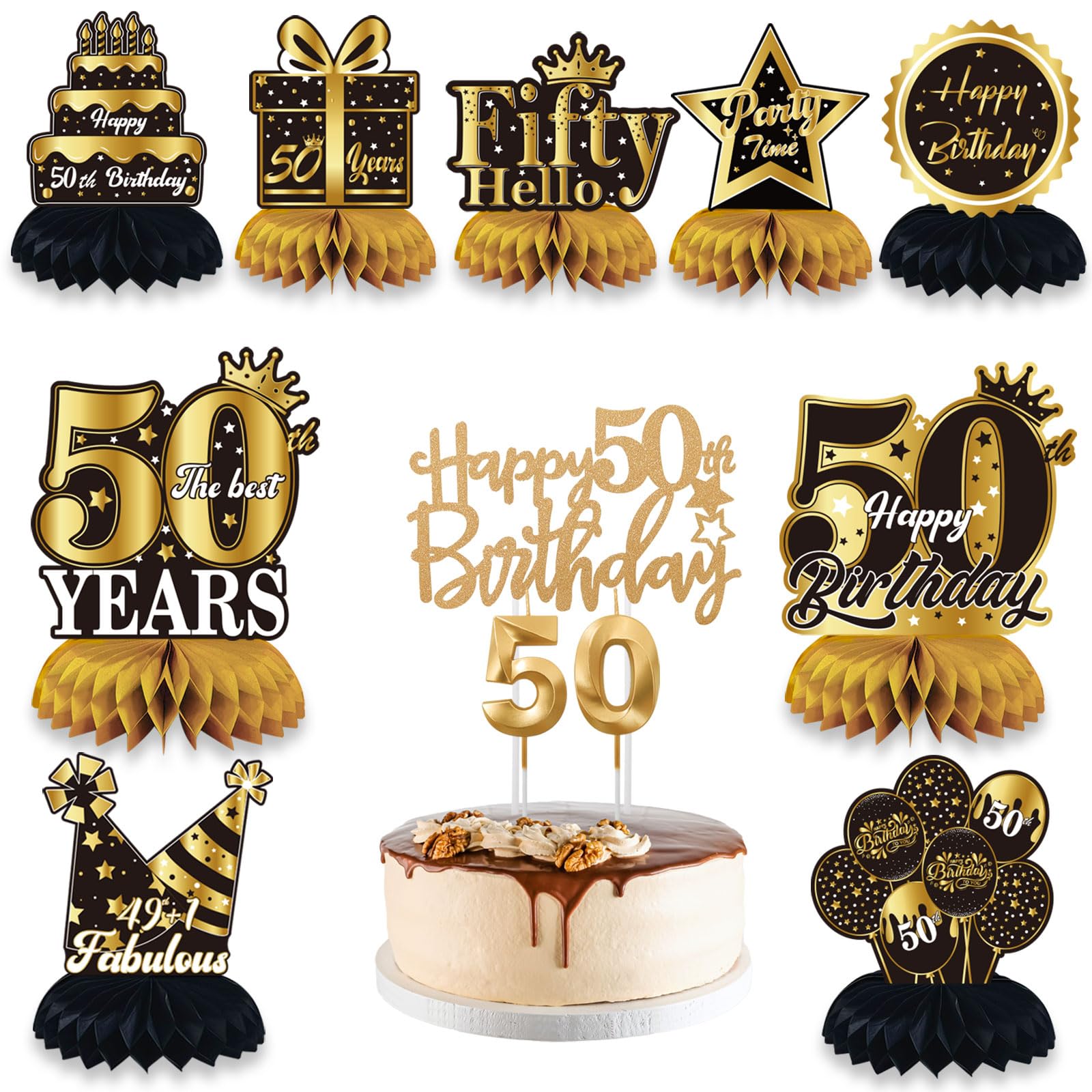 12Pcs 50th Birthday Decorations for Men Women, Including 50th Birthday Honeycomb Centerpieces Decorations, Cake Topper and Candles, 50th Birthday Table Decor