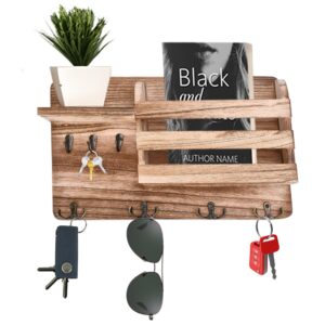 hallops wooden key holder wall mount- 12.9"x3.9"x7.8" - hanging mail sorter and key rack for entryway - hallway hanger shelf with coat hooks - decorative organizer rack - mail holder for wall