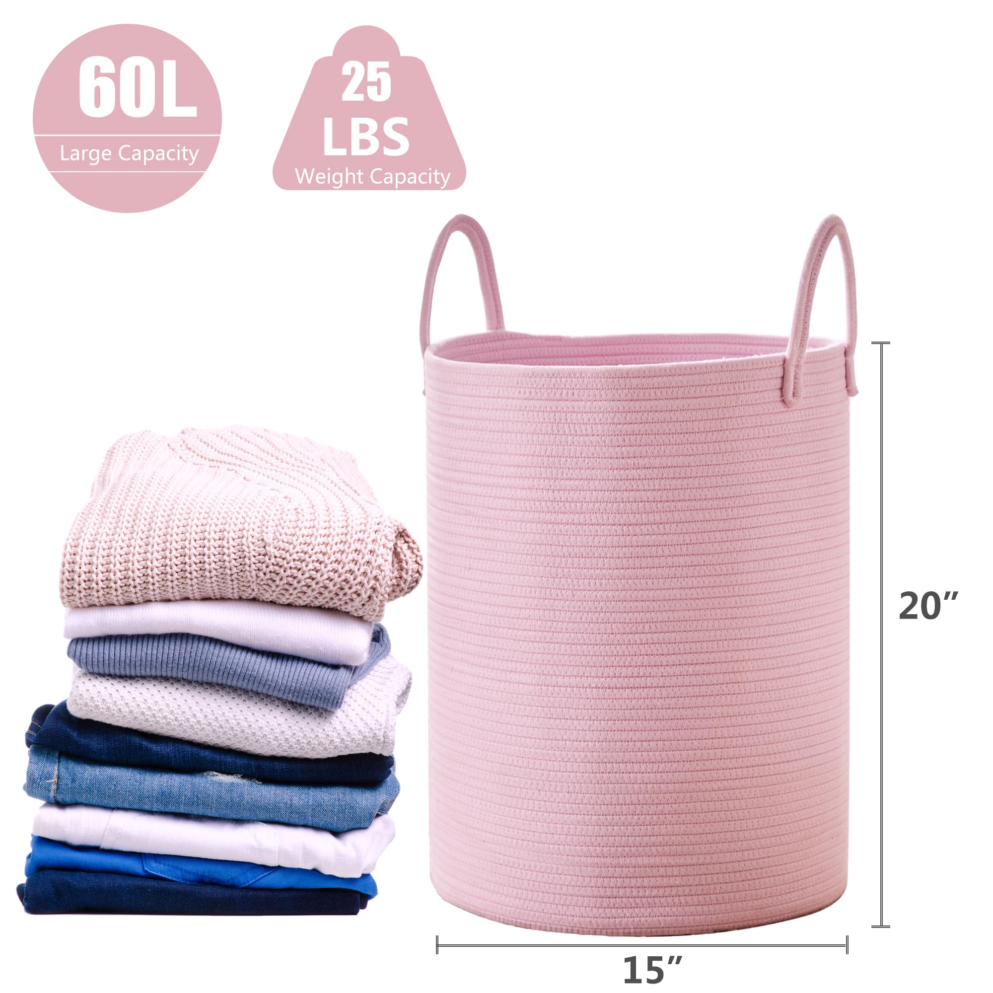 MOJOSCEND Pink Laundry Basket Hamper for Girls Kids Baby, 15Dx20H Inches Large Nursery Hamper Bin, Woven Storage Basket for Living Room Girls room, Boho Tall Rope Baskets for Blanket Toys-Large