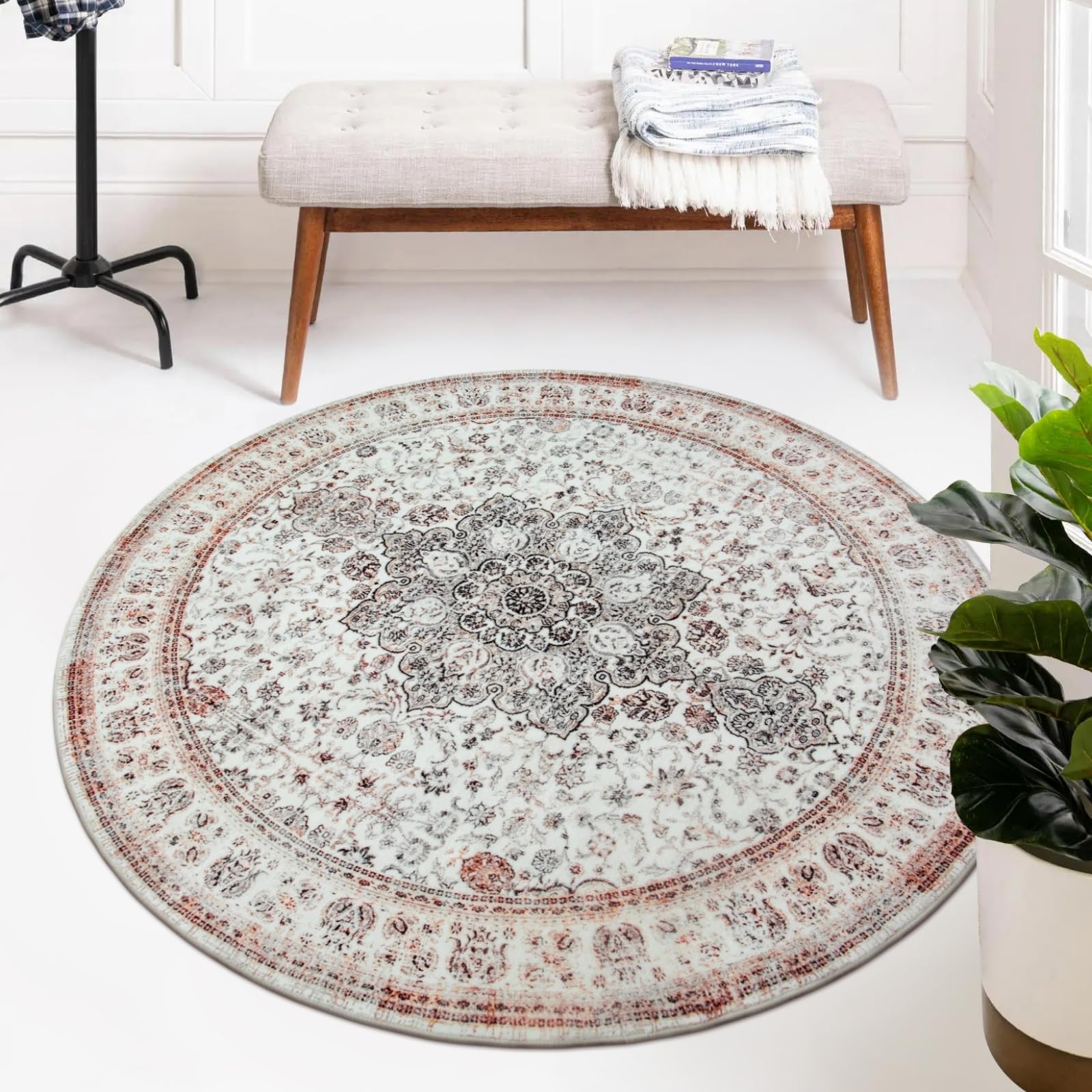 Moespace Washable Round Rug 4x4 ft, Boho Circle Area Rug for Bedroom, Low-Pile Entryway Carpet Print Distressed Accent Floral Circular Rug for Kitchen Foyer Laundry Room Office, Taupe