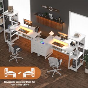 Computer Desk with 2 Fabric Drawers - Reversible Home Office Desk with Power Outlet & LED Lights, 53" Writing Desk with Monitor Stand & Storage Shelves, Gaming Desk Study Table with Pegboard, White