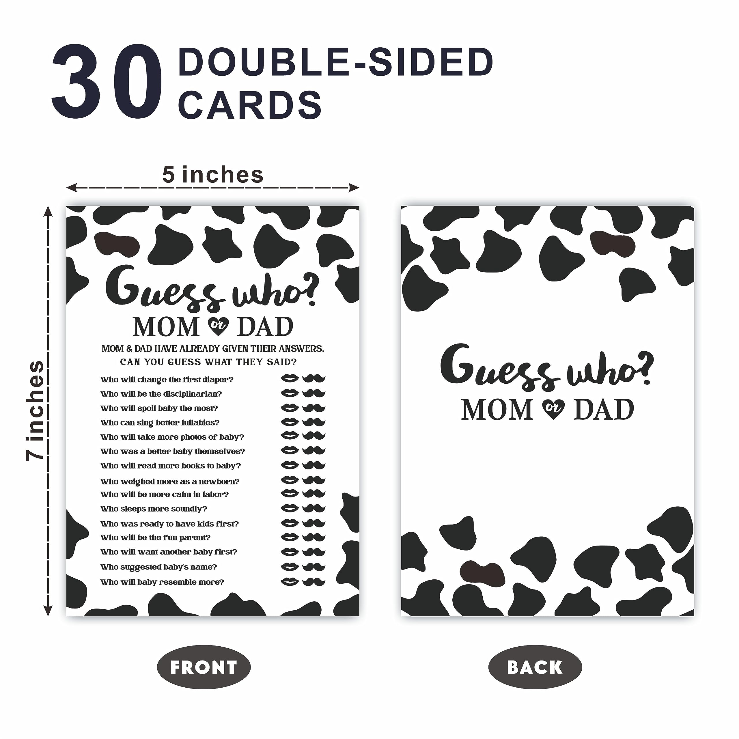 TPYEN 30 Cow Prints Guess Who? Mom Or Dad Baby Shower Game, 5 X 7 Inches Double Sided Fill-in Game Cards for Boys Or Girls, Gender Neutral Party Favor & Supplies-(C03)