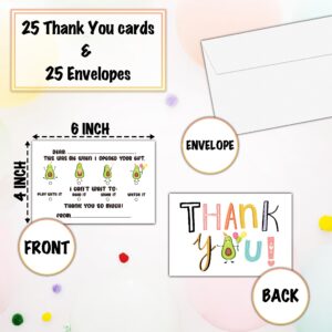 KFNER Kids Thank You Cards, Avocado Themed Fill In The Blank Thank You Card, Guacamole Thank You Notes for Boys Girls, Birthday Party Favors Supplies (25 Set of Cards with Envelopes) - A03