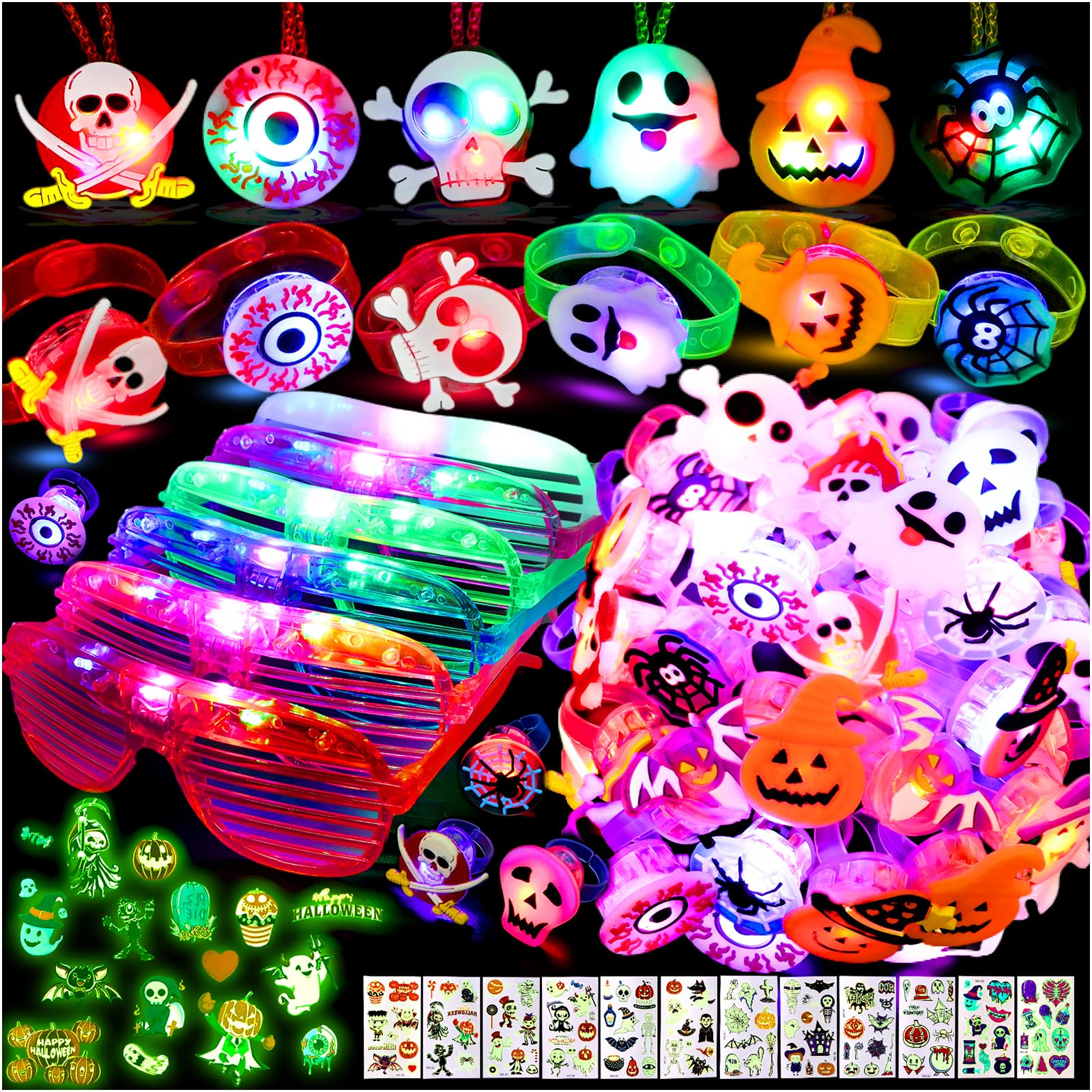 Advoxa Halloween Light Up Toys Party Favors - 60PCS LED Trick or Treat Party Suppliers for Kids Gift Exchange Classroom Halloween Goodie Bag Fillers Glasses Bracelets Necklace Rings and Tattoos