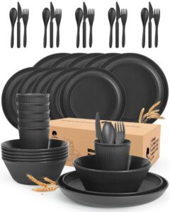 42 pieces wheat straw dinnerware set - oamceg plastic dinner set for 6, kitchen plates and bowls set, college dorm microwave dishes, unbreakable plastic outdoor camping dishes, black