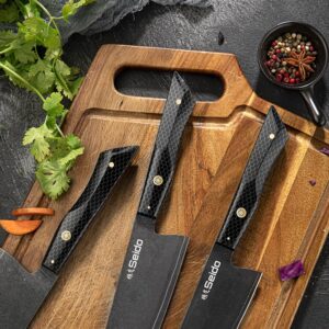 Seido Knives Moretsuna Knife Set - 3 Piece, 6-Layer Clad Black Oxide Coating, VG10 Super Steel Japanese Chef, Kiritsuke, and Nakiri Knives