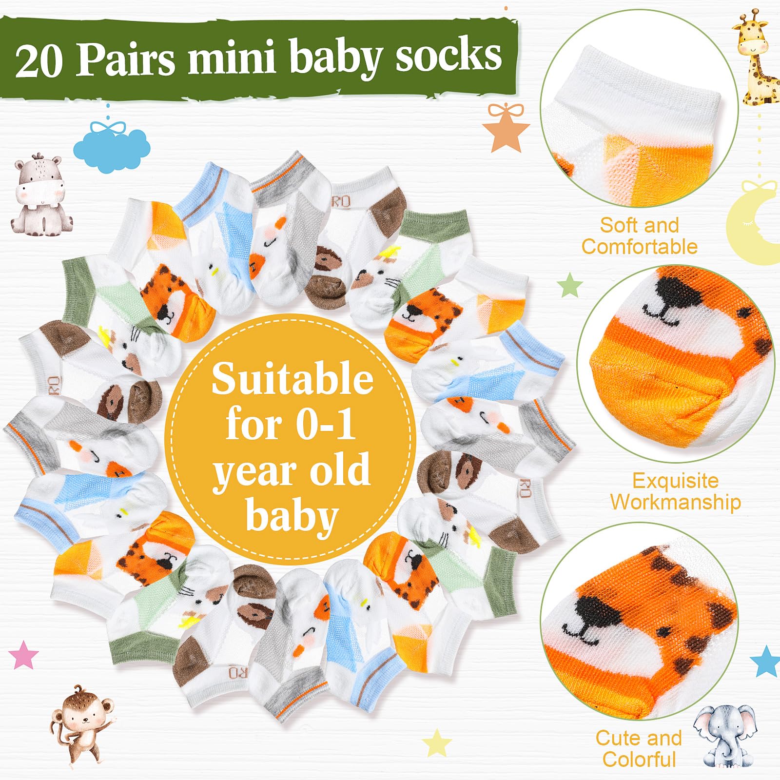 Hoteam 21 Pcs Baby Shower Games Include Baby Sock Hunt Sign and 20 Pair Small Cotton Baby Socks Wooden Table Sign with Holder for Boy and Girl Gender Reveal Party Favors(Safari,Animal Style)