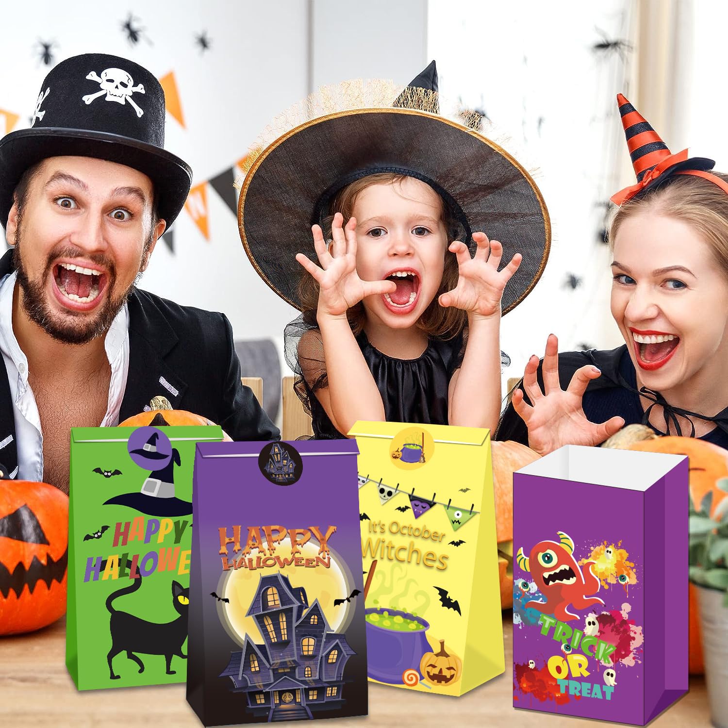 WOONOO 50PCS Halloween Treat Bags Candy Bags for Halloween Party, 10 Styles Paper Halloween Goodie Bags for Party Favors with 50PCS Stickers, Halloween Kids Trick or Treat Gift Bags Party Supplies