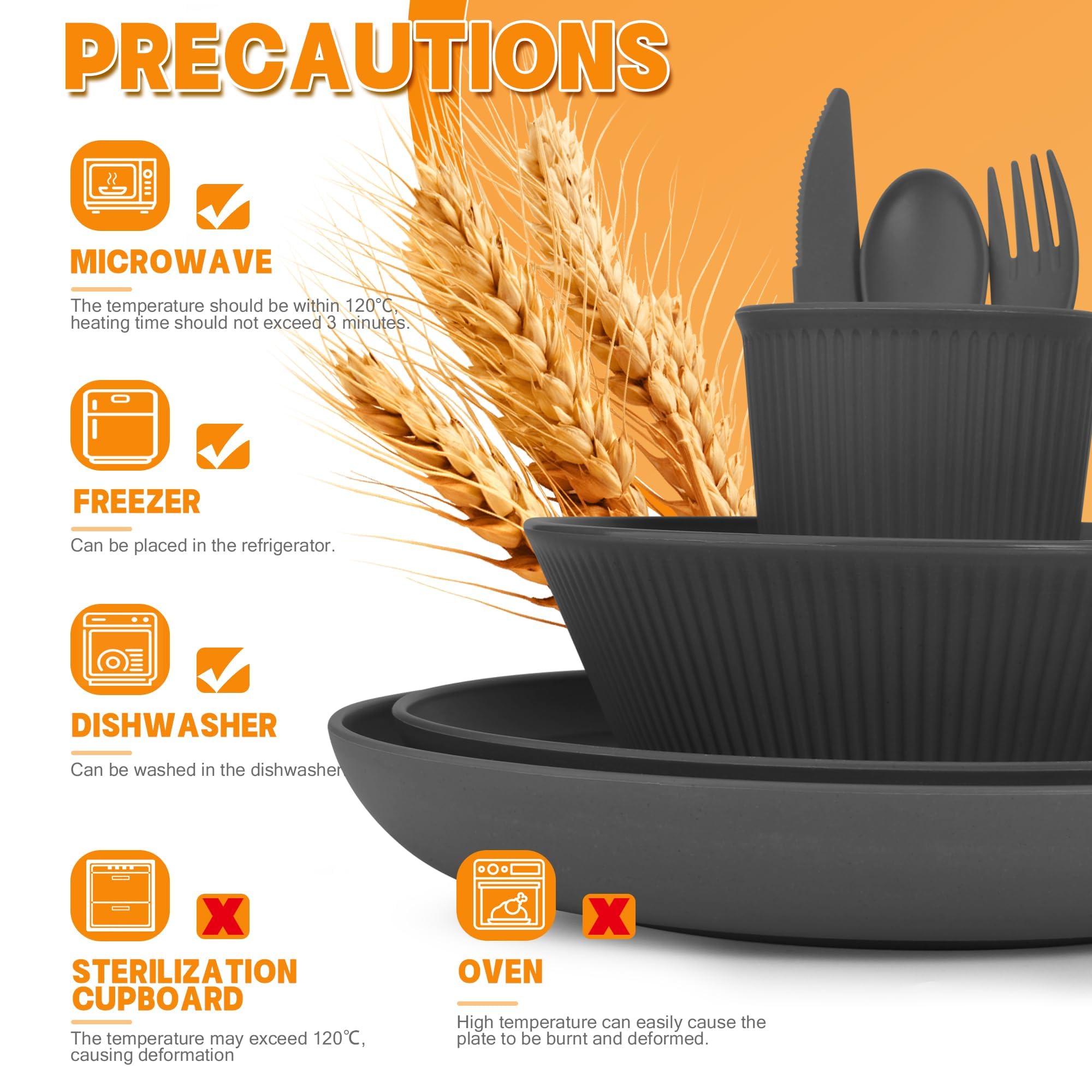 42 Pieces Wheat Straw Dinnerware Set - OAMCEG Plastic Dinner Set for 6, Kitchen Plates and Bowls Set, College Dorm Microwave Dishes, Unbreakable Plastic Outdoor Camping Dishes, Black