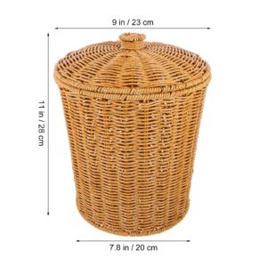 PRETYZOOM Small Wicker Waster Basket, Imitation Rattan Basket with Lid Bohemia Wicker Storage Basket Space Saving Small Trash Can for Bathroom Office (23x23x28cm)