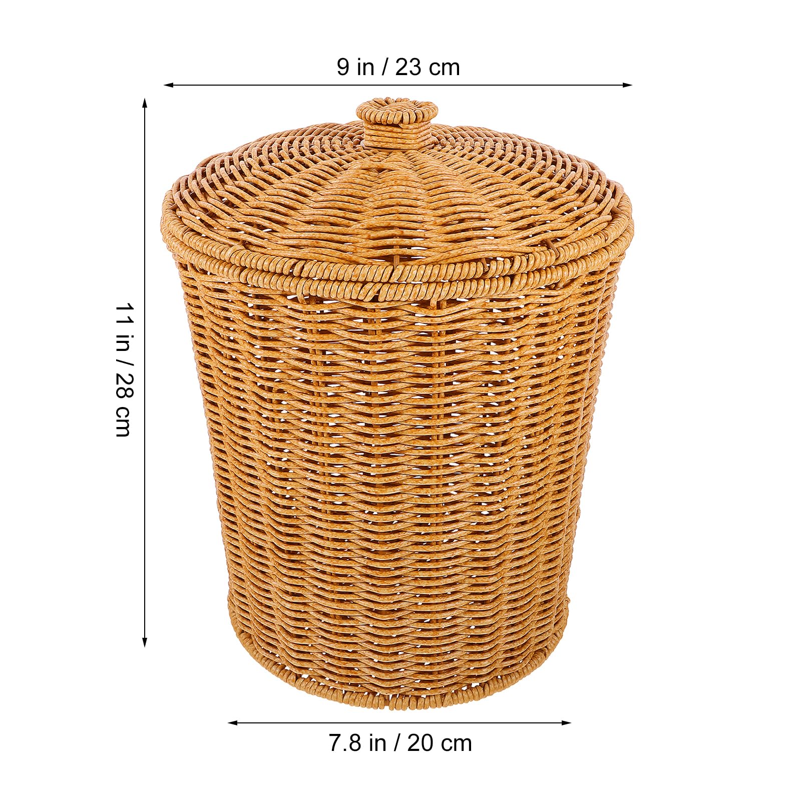 PRETYZOOM Small Wicker Waster Basket, Imitation Rattan Basket with Lid Bohemia Wicker Storage Basket Space Saving Small Trash Can for Bathroom Office (23x23x28cm)