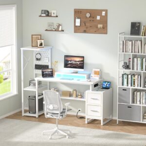 Computer Desk with 2 Fabric Drawers - Reversible Home Office Desk with Power Outlet & LED Lights, 53" Writing Desk with Monitor Stand & Storage Shelves, Gaming Desk Study Table with Pegboard, White