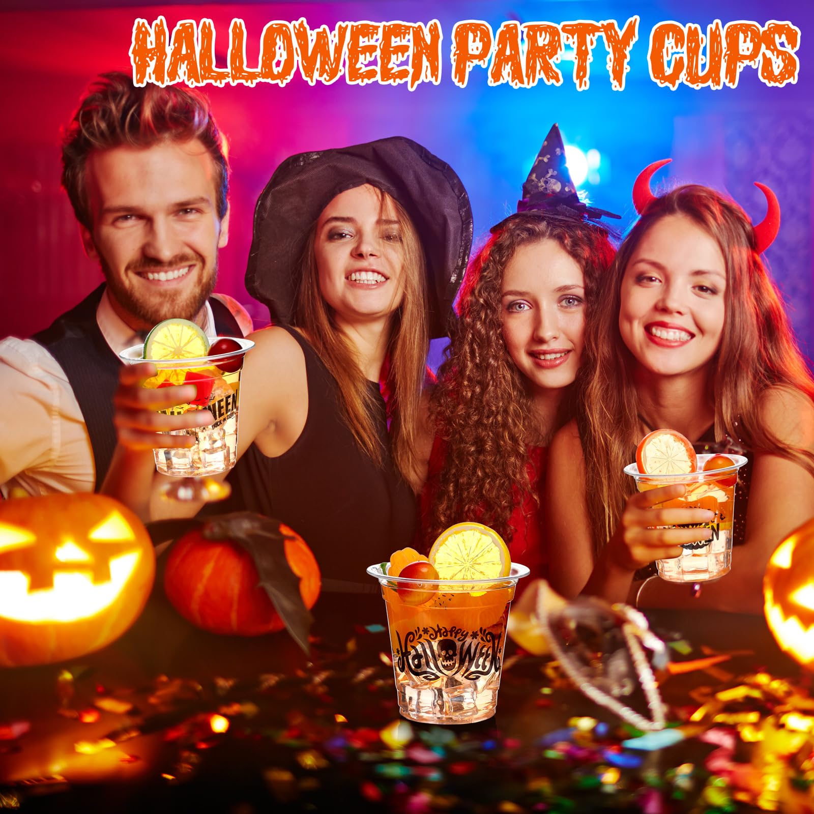 Sliner 60 Pcs 12oz Halloween Cup Happy Halloween Clear Disposable Plastic Cups Bat Ghost Spider Halloween Party Supplies for Cold Drink Beer Ice Cream Beverage Snacks Party Decoration