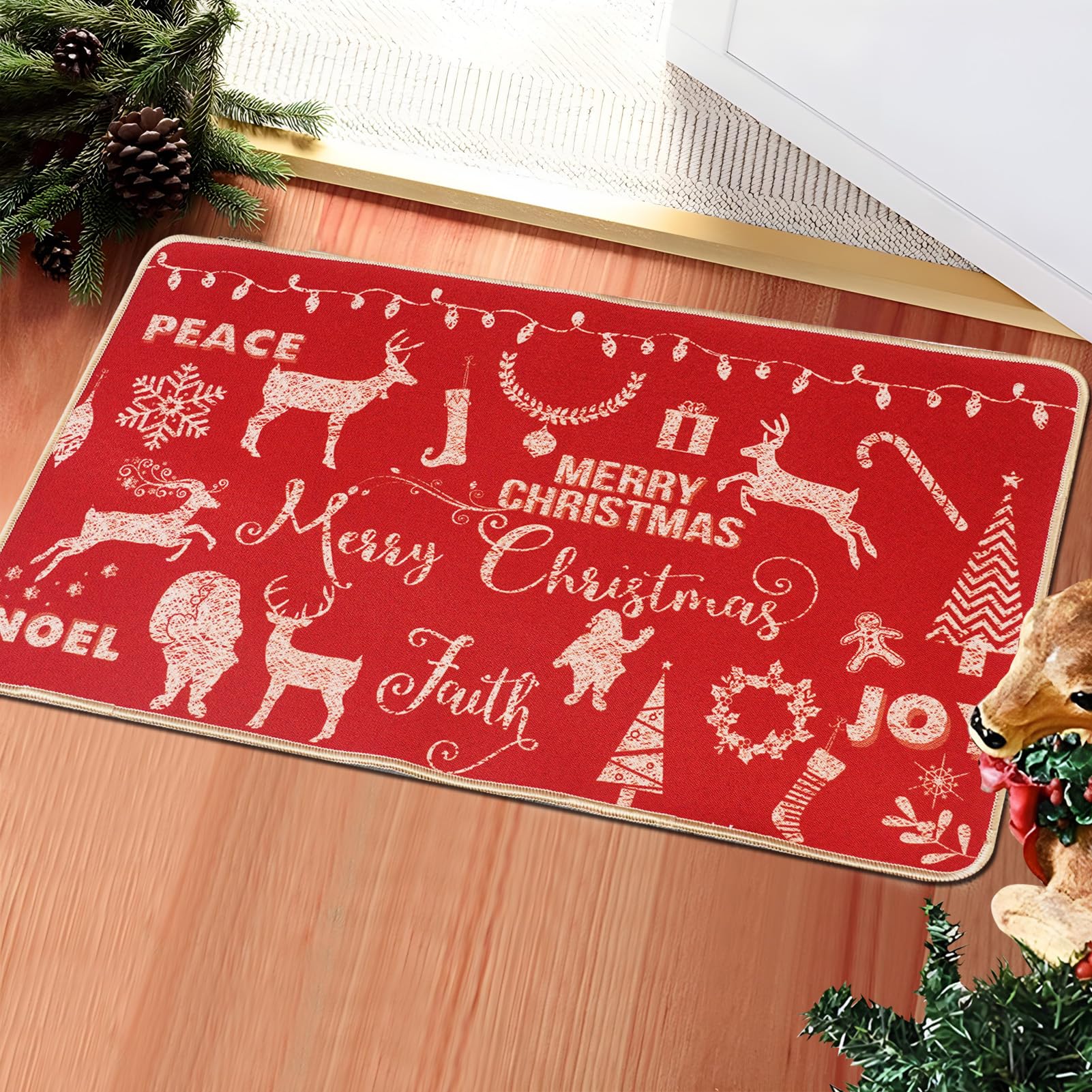 ONWAY Christmas Door Mat Xmax Redindeer Tree Red Doormat Seasonal Winter Holiday Low-Profile Floor Rug Switch Mat for Indoor Outdoor 29x17 Inch