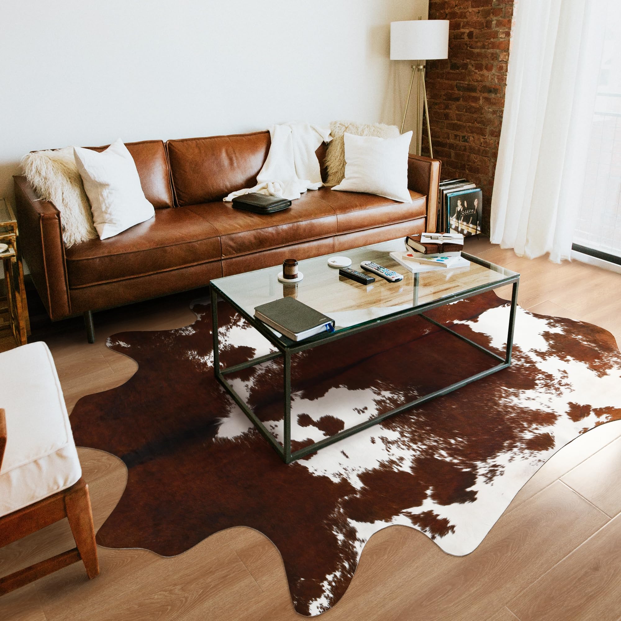 LYENDOS Cowhide Rug 5.2 x 6.2 Feet, Cow Hide Rug Durable No-Slip Backing, Faux Cowhide Rug Thickened Elastic, for Bedroom Living Room Home Office Western Decor