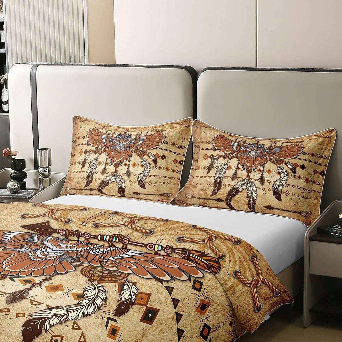 Western Owl 100% Nature Cotton Duvet Cover King Size,Retro Bohemian Dream Catcher Super Soft Bedding Set,Aztec Tribal Geometric Diamond Triangles Comforter Cover Bedding 3 Piece (No Comforter)