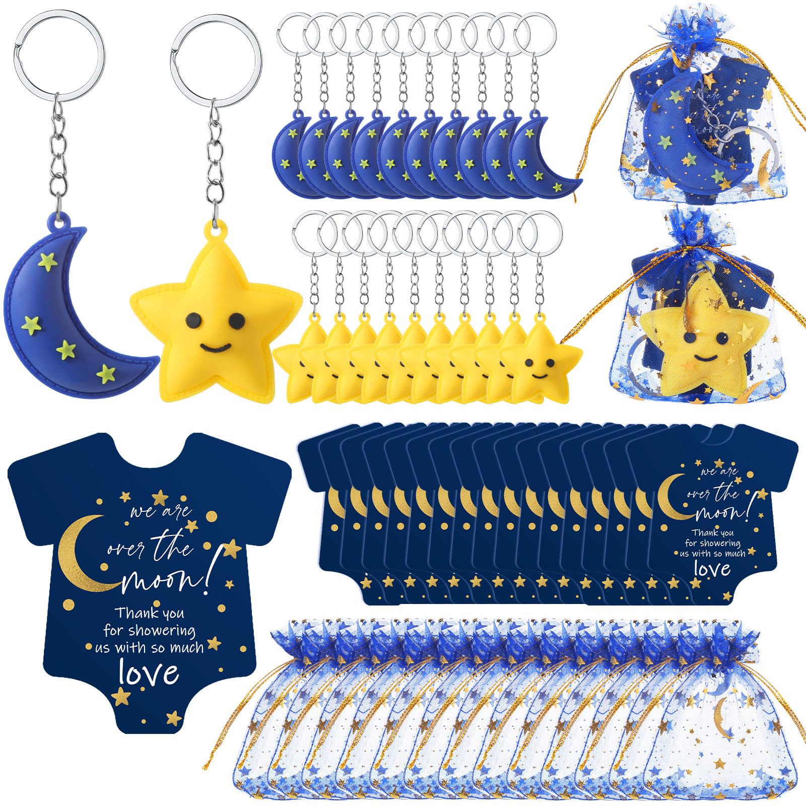 Huquary 300 Pcs Baby Shower Keychain Decoration Baby Shower Party Favors Moon Star Keychains Little Star Favors Thank You Cards Organza Bags for Guests Gender Reveal Keepsakes