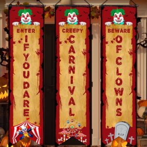 3 pcs carnival party decorations carnival banner for halloween evil circus porch sign creepy scary clown welcome sign funny sarcastic halloween indoor outdoor yard hanging wall decor 11.8 x 47.2 inch