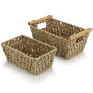 brookstone - [2 piece set] wicker storage basket with crafted wood handles, organization and storage container, decorative shelf bin, over the toilet paper reserve, suitable for any home décor style