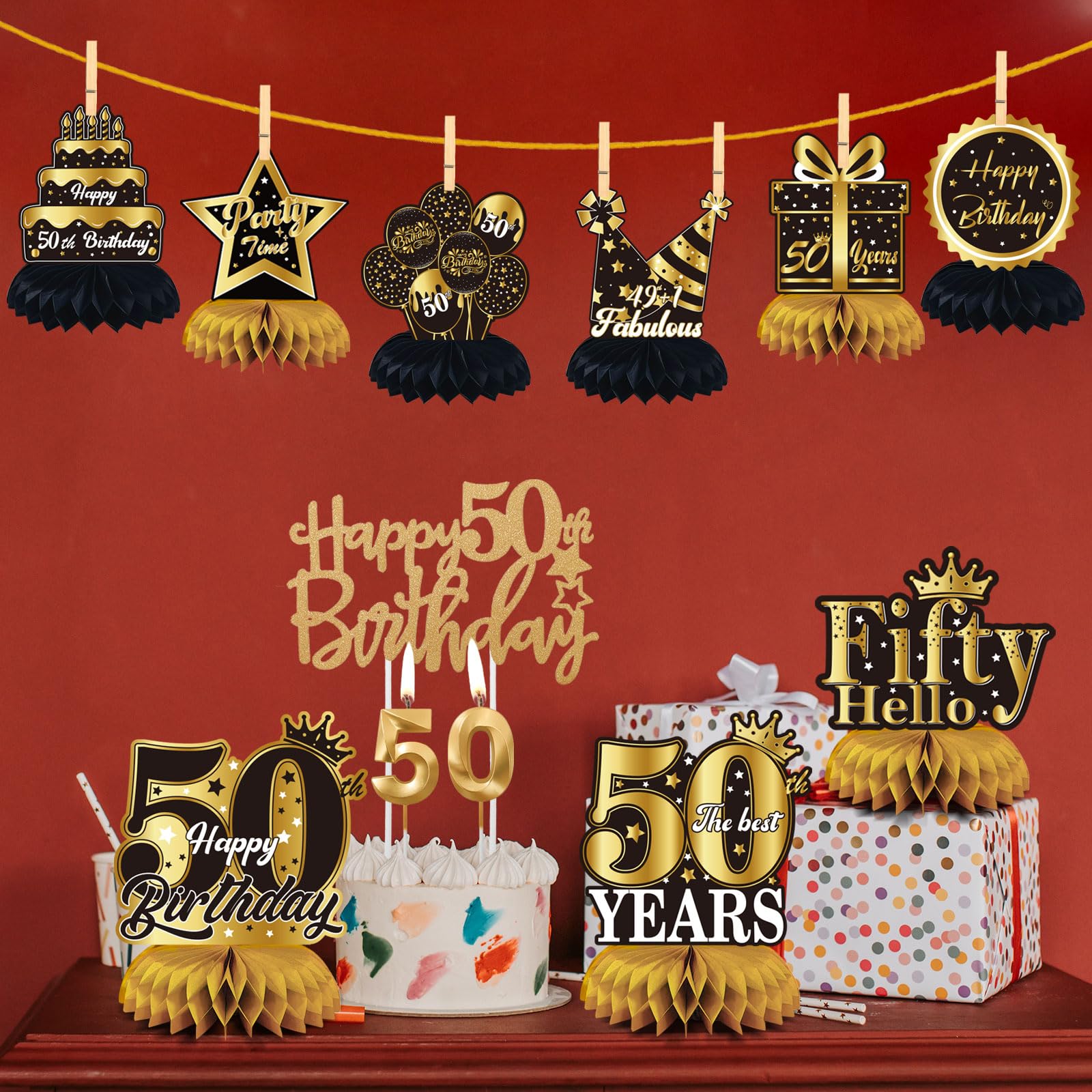 12Pcs 50th Birthday Decorations for Men Women, Including 50th Birthday Honeycomb Centerpieces Decorations, Cake Topper and Candles, 50th Birthday Table Decor