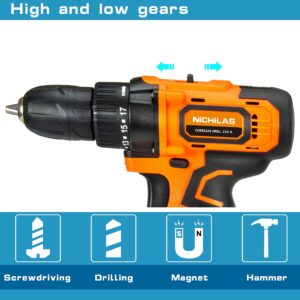 Nichilas Cordless Drill, 21V Power Screwdriver 2 Variable Speed 3/8” Keyless Chuck, 1500mAh Battery and Charger for assembling, repairing and DIY