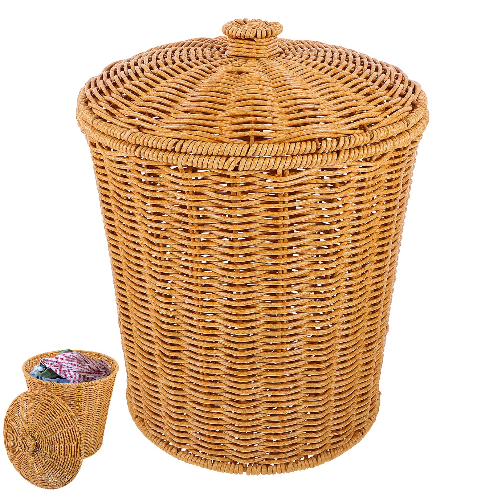 PRETYZOOM Small Wicker Waster Basket, Imitation Rattan Basket with Lid Bohemia Wicker Storage Basket Space Saving Small Trash Can for Bathroom Office (23x23x28cm)