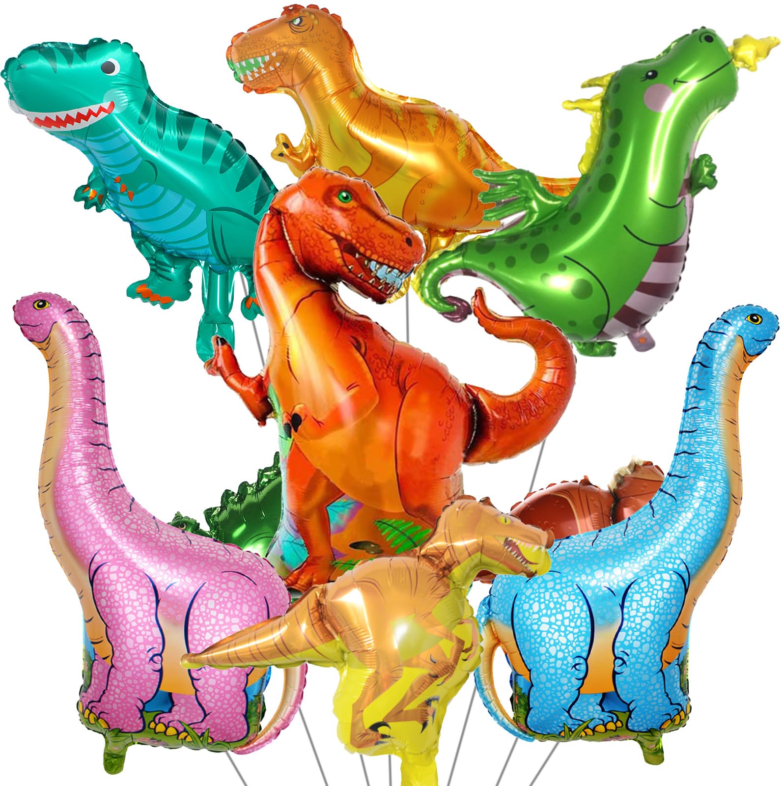 Dinosaur Foil Balloons Set (12-50 in), 9 Pieces Large Dinosaur Aluminum Mylar Balloons for Kids, Giant Cute Dinosaur Birthday Party Decorations for Boys Jungle Dino Theme Baby Shower Decor Supplies