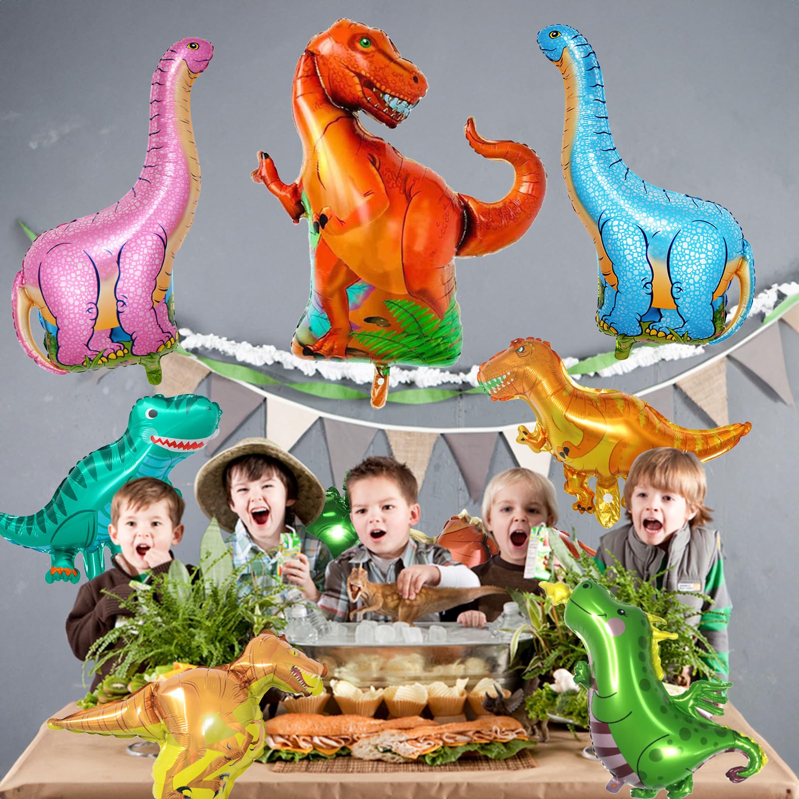 Dinosaur Foil Balloons Set (12-50 in), 9 Pieces Large Dinosaur Aluminum Mylar Balloons for Kids, Giant Cute Dinosaur Birthday Party Decorations for Boys Jungle Dino Theme Baby Shower Decor Supplies