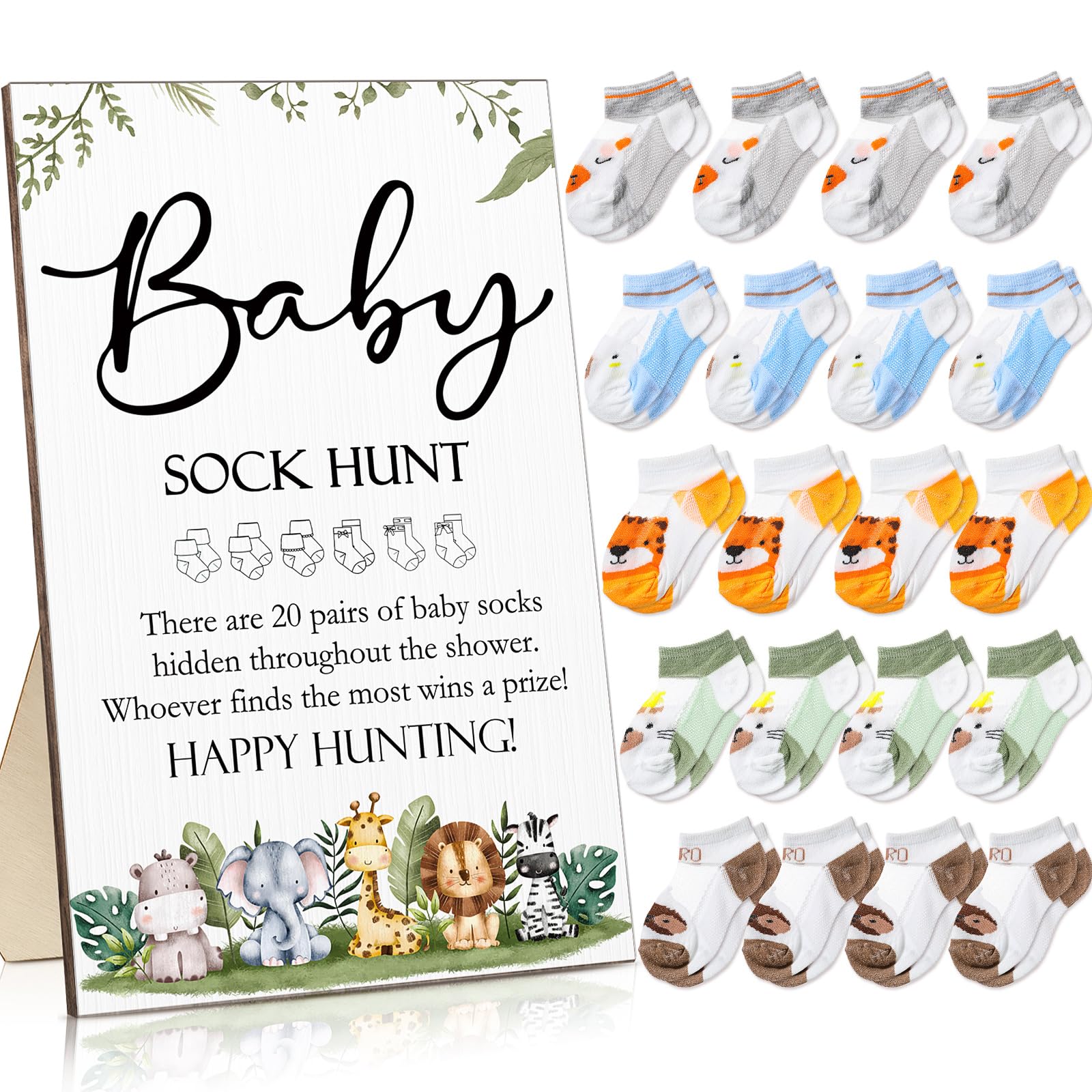 Hoteam 21 Pcs Baby Shower Games Include Baby Sock Hunt Sign and 20 Pair Small Cotton Baby Socks Wooden Table Sign with Holder for Boy and Girl Gender Reveal Party Favors(Safari,Animal Style)