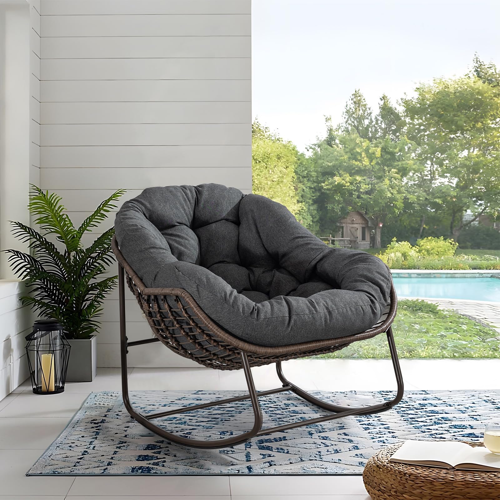 Antetek Outdoor Patio Rocking Chair, Comfy Wicker Egg Chair with Padded Cushion, Oversized Rocker for Indoor & Outside, Modern Lounge Chair for Front Porch, Balcony, Garden, Lawn, Living Room, Grey