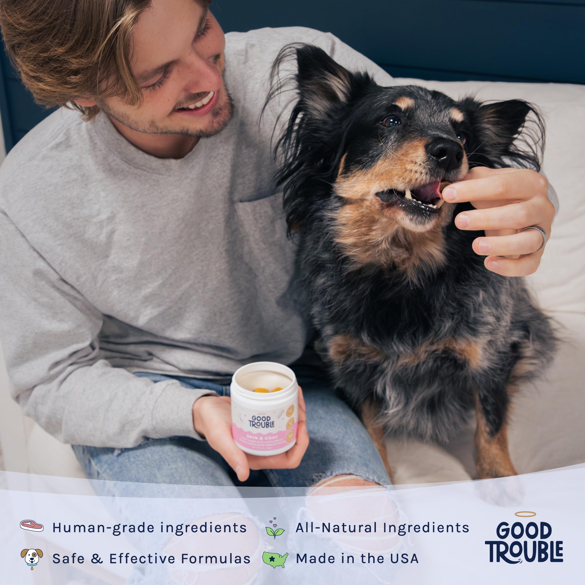 Good Trouble Pets Skin & Coat Supplement for Dogs - Bacon & Chicken Flavor, Promotes Healthy Coat & Skin, 30 Chews for Optimal Results