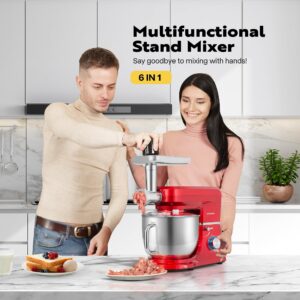 VIVOHOME 6 in 1 Multifunctional Stand Mixer with 8.5 Quart Stainless Steel Bowl, 660W 10 Speed Tilt-Head Meat Grinder, Juice Blender, Vegetable Slicer, Pasta and Cookie Maker, Red