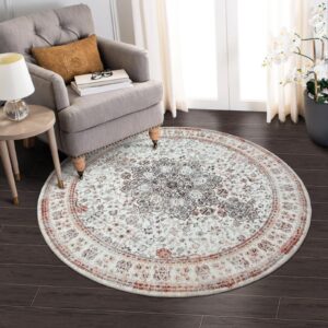 Moespace Washable Round Rug 4x4 ft, Boho Circle Area Rug for Bedroom, Low-Pile Entryway Carpet Print Distressed Accent Floral Circular Rug for Kitchen Foyer Laundry Room Office, Taupe