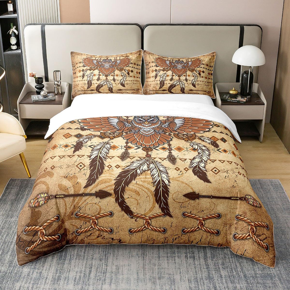 Western Owl 100% Nature Cotton Duvet Cover King Size,Retro Bohemian Dream Catcher Super Soft Bedding Set,Aztec Tribal Geometric Diamond Triangles Comforter Cover Bedding 3 Piece (No Comforter)