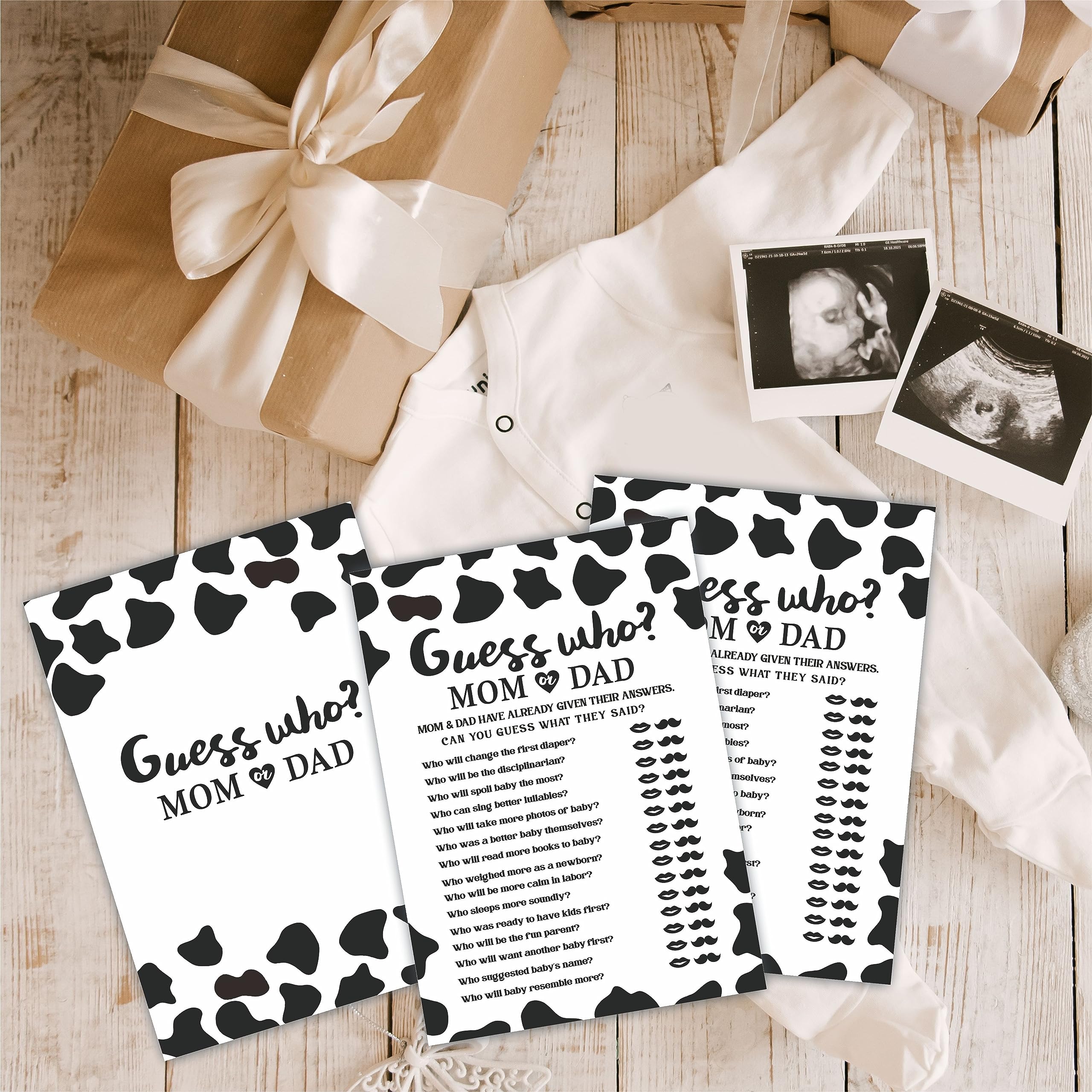 TPYEN 30 Cow Prints Guess Who? Mom Or Dad Baby Shower Game, 5 X 7 Inches Double Sided Fill-in Game Cards for Boys Or Girls, Gender Neutral Party Favor & Supplies-(C03)