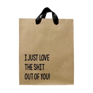 farmedandfashioned funny novelty gift bag, i just love the shit out of you medium size kraft gift bag with black ribbon handles, gift bag for adults