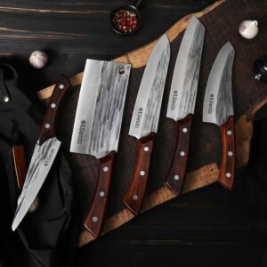 Seido 5-Piece Caveman Butcher Knife Set - Precision Forged High-Carbon Stainless Steel Blades with Black Oxide Finish - Ergonomic Mahogany Handles in Reddish-Brown