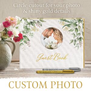 Elegant Guest Book with Linen Cover, Wedding Guest Book Capture Cherished Memories of Your Special Day, Memory Book with Place for Photo on The Cover, 120 Thick Papers with Stickers Messages