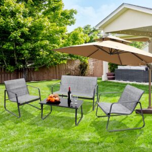 DUMOS 4 Pieces Patio Furniture Set Outdoor Patio Conversation Sets Poolside Lawn Chairs with Glass Coffee Table Porch Furniture for Courtyard, Garden and Balcony (Grey)