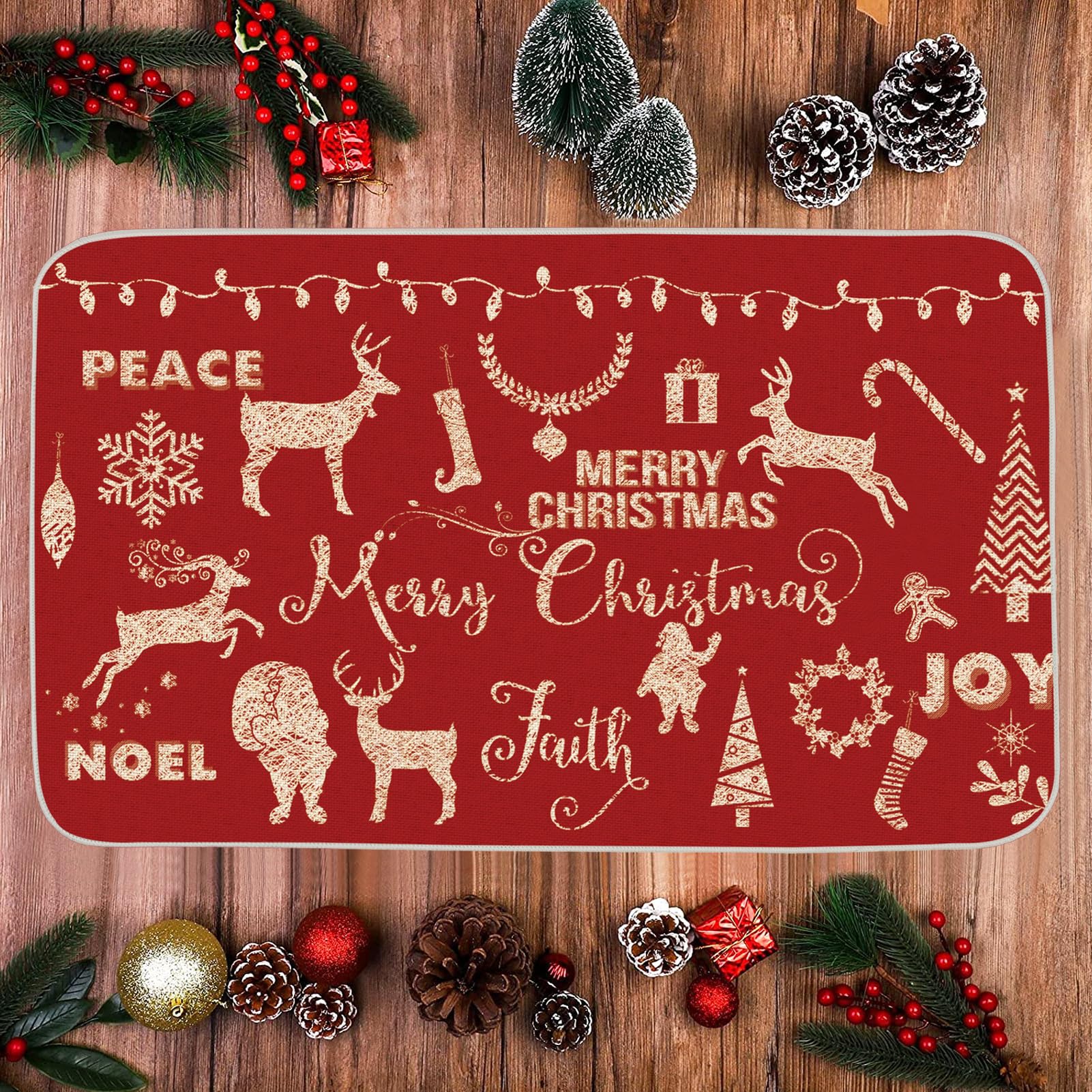 ONWAY Christmas Door Mat Xmax Redindeer Tree Red Doormat Seasonal Winter Holiday Low-Profile Floor Rug Switch Mat for Indoor Outdoor 29x17 Inch