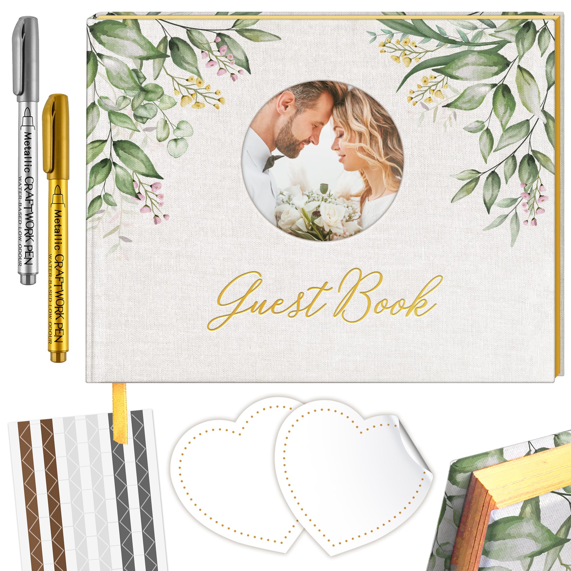 Elegant Guest Book with Linen Cover, Wedding Guest Book Capture Cherished Memories of Your Special Day, Memory Book with Place for Photo on The Cover, 120 Thick Papers with Stickers Messages