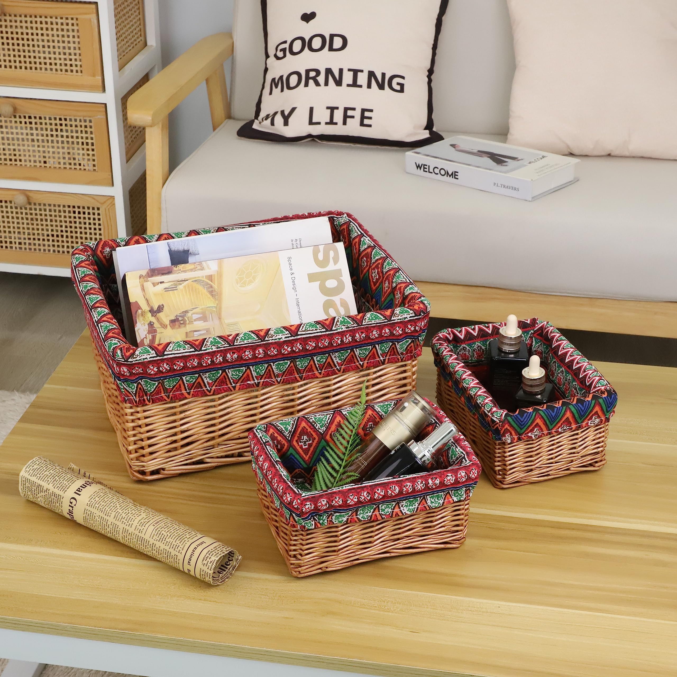 JLKIMZVO Rectangular Storage Basket Hand woven Wicker Nested Baskets Combination Shelf Storage Basket Detachable Lining Suitable for Wardrobes, Bedrooms, Bathrooms, Hallways,Offices