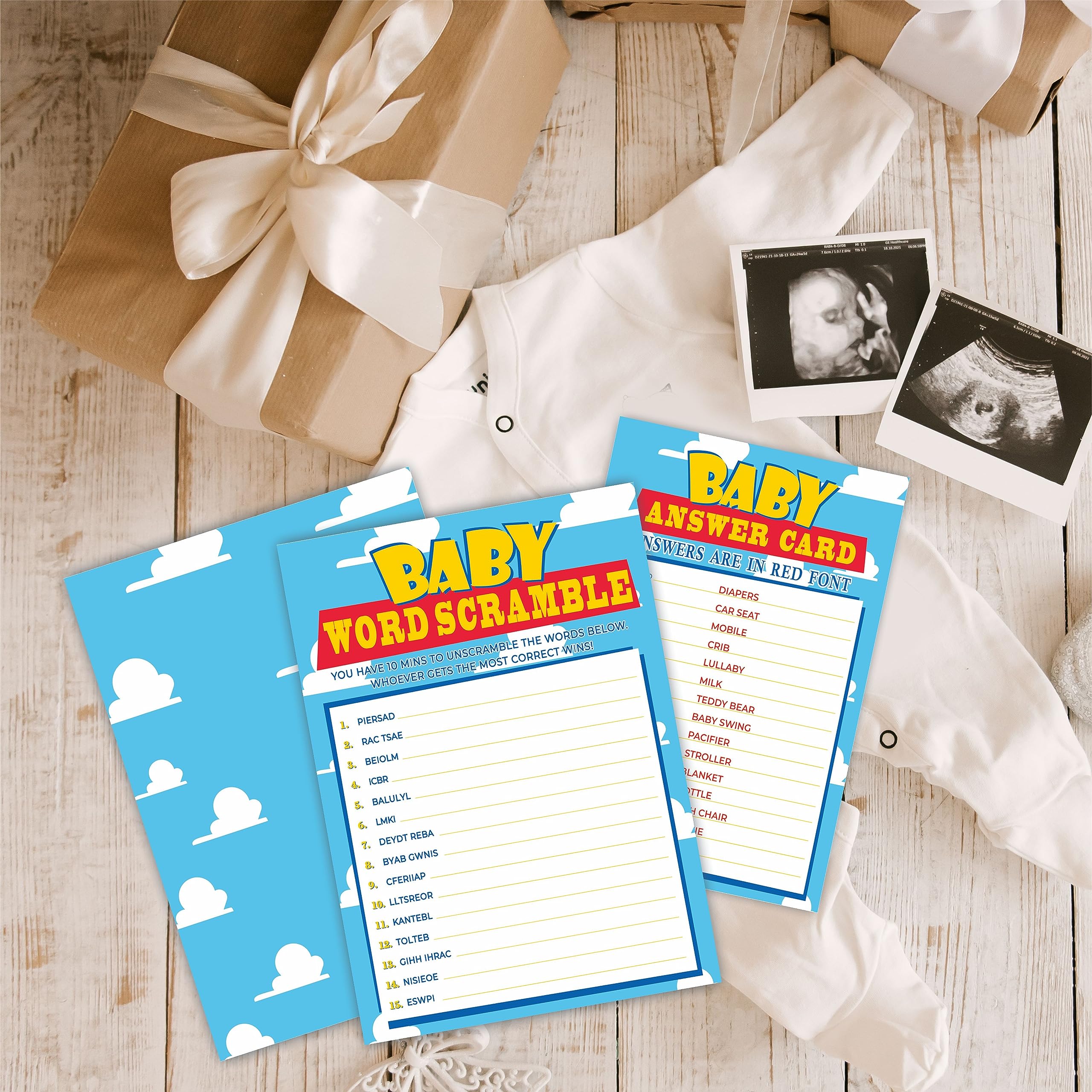 Baby Shower Word Scramble Game Cards, 5 X 7 Inches Sky & Clouds Theme Fill-in Style Word Scramble Game, 30 Double-Sided Game Cards & 1 Answer Card, Gender Neutral, Party Favor & Supplies-D07