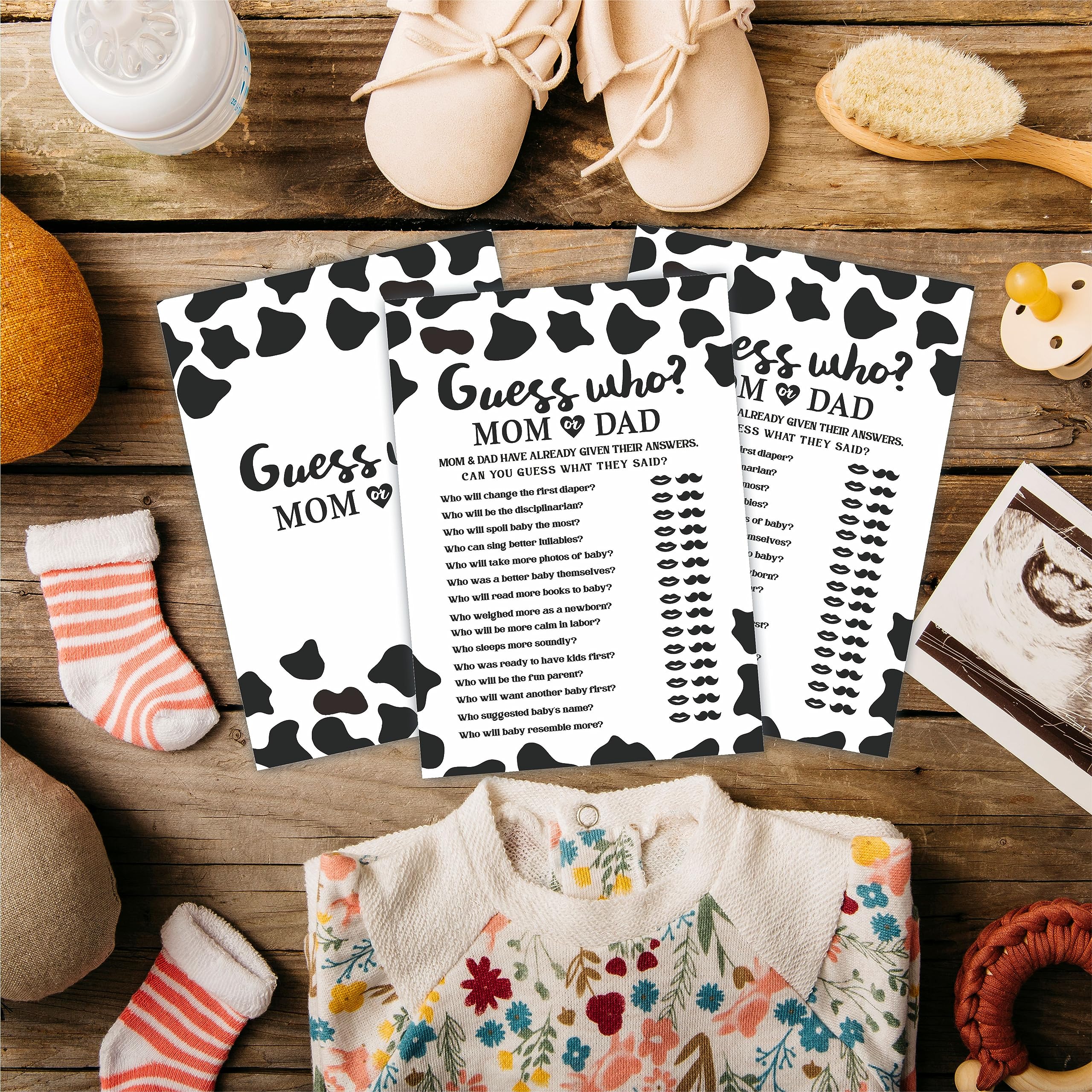 TPYEN 30 Cow Prints Guess Who? Mom Or Dad Baby Shower Game, 5 X 7 Inches Double Sided Fill-in Game Cards for Boys Or Girls, Gender Neutral Party Favor & Supplies-(C03)