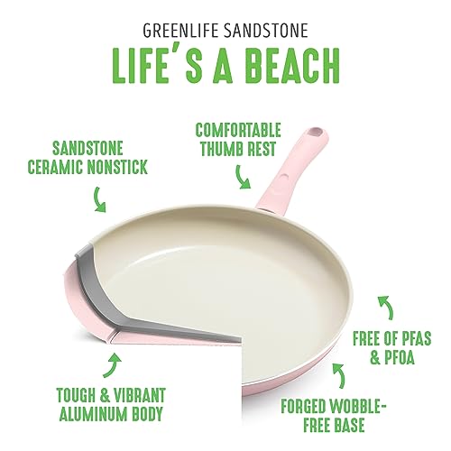 GreenLife Sandstone Healthy Ceramic Nonstick 12” Frying Pan Skillet, PFAS-Free, Dishwasher Safe, Pink