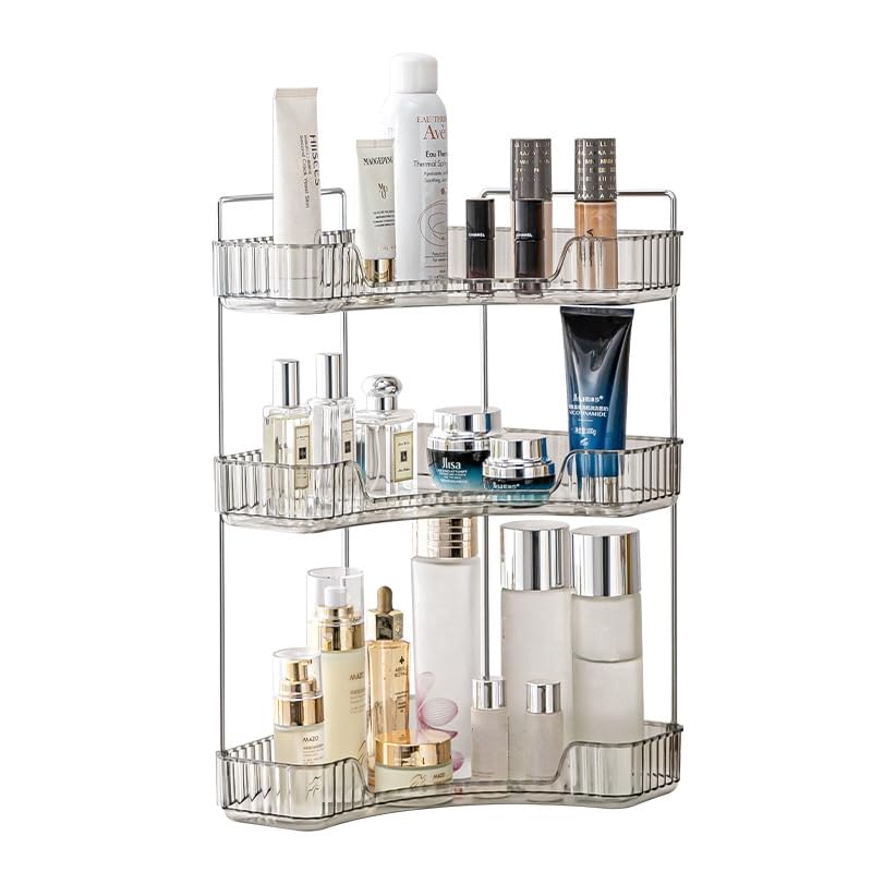 Bathroom Organizer Countertop, Vanity Trays for Bathroom, Skincare Makeup Organizer Shelf, Vanity Organizer, Bathroom Counter Shelf for Cosmetics, Toiletries, Lotions, Perfumes (3 Tiers, Grey)